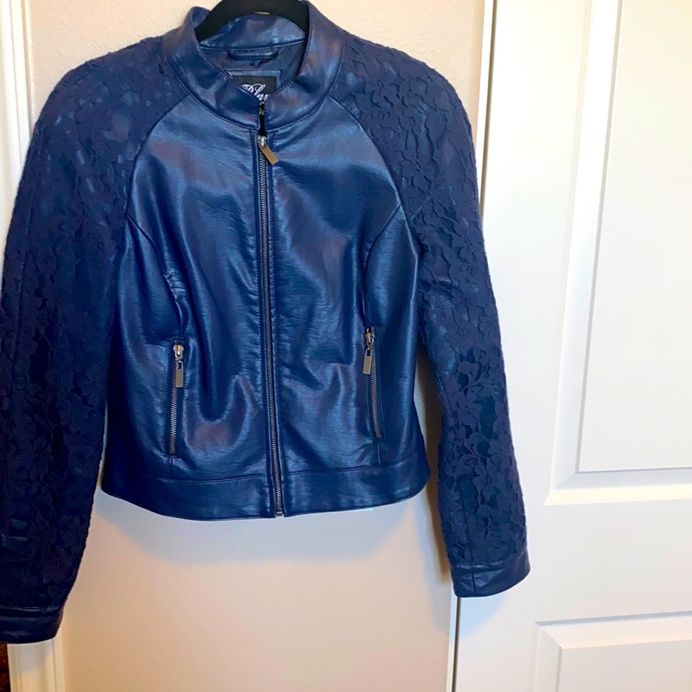 Faux navy moto jacket with lace accents